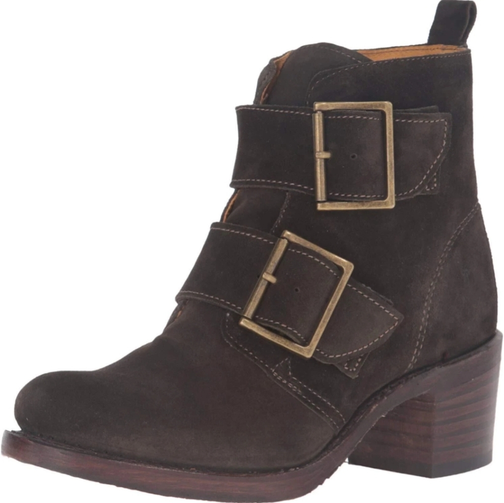 Frye Dark Brown Suede Sabrina Double Buckle Ankle Boots